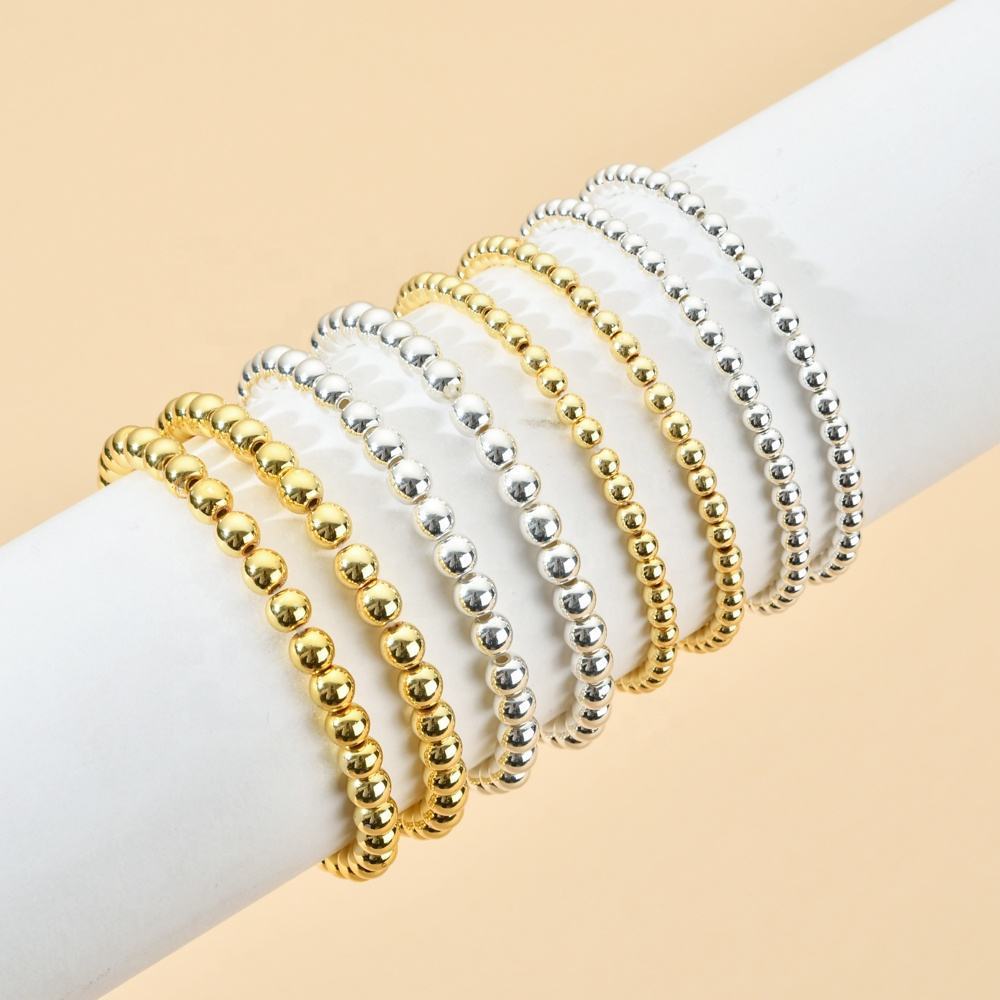 18K Gold Plated Hematite Round Beaded Stretch Bracelet for Women