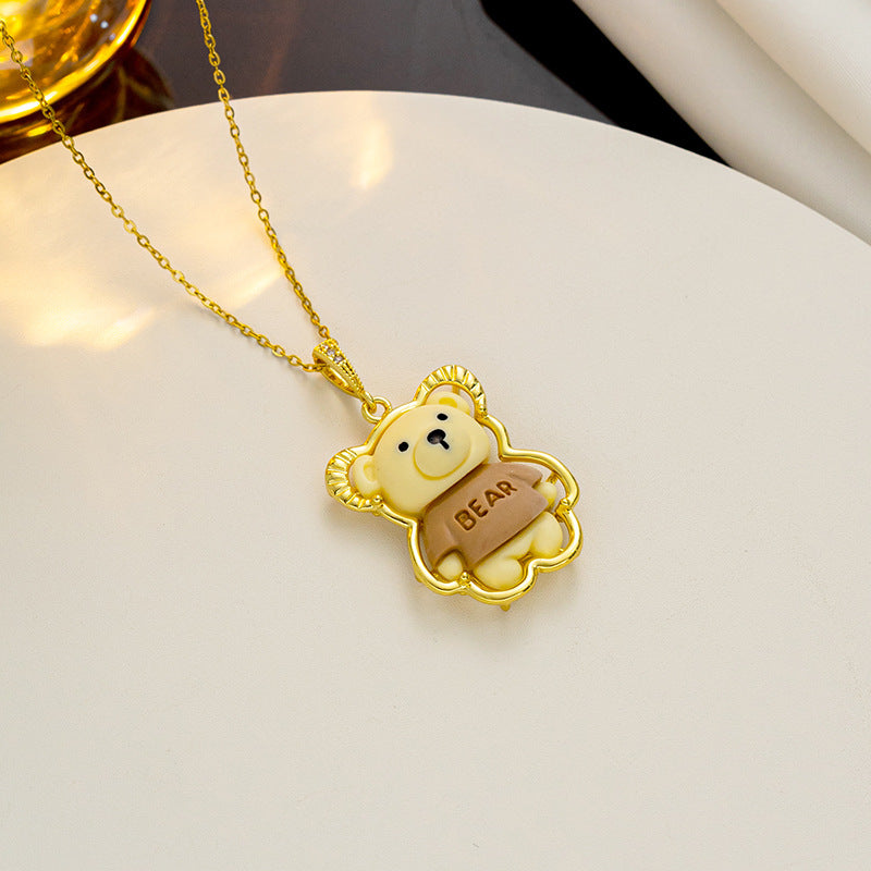Cartoon Strawberry Bear and Bunny Pendant Necklace in Titanium Steel with Inlay Detail, Cute Animal-Themed Jewelry for Women