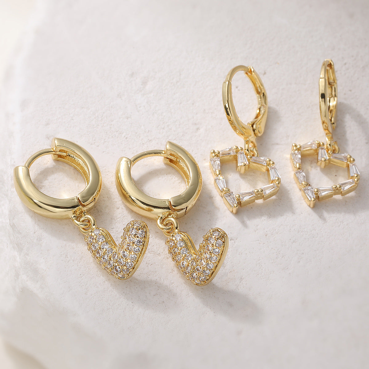 Elegant Heart Shaped Brass Gold Plated Earrings with Cubic Zirconia for Women