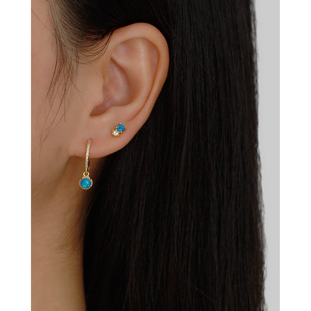 Luxury Elegant 925 Sterling Silver Plated Round Geometric Opal Hoop Earrings