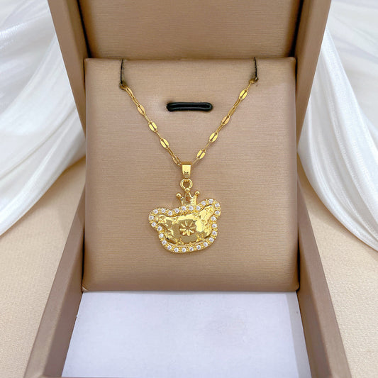 Elegant Crown Cat Pendant Necklace for Women Stainless Steel Snake Chain with Moon Motif Geometric Design