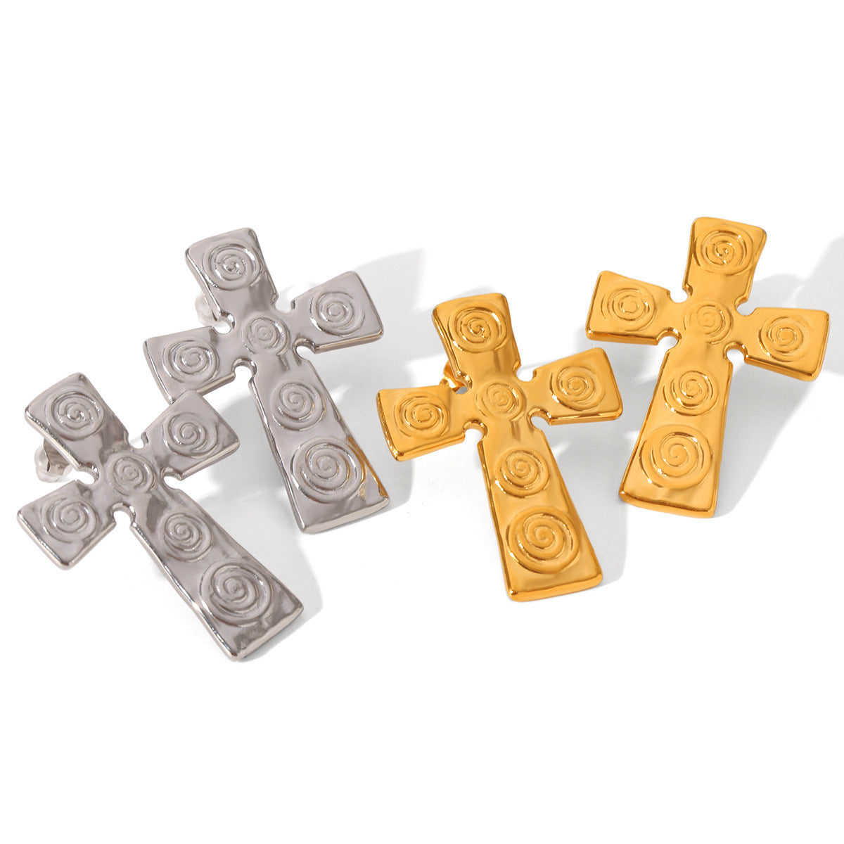 Retro Minimalist Cross-Shaped Stainless Steel Earrings with Textured Threaded Design for Women