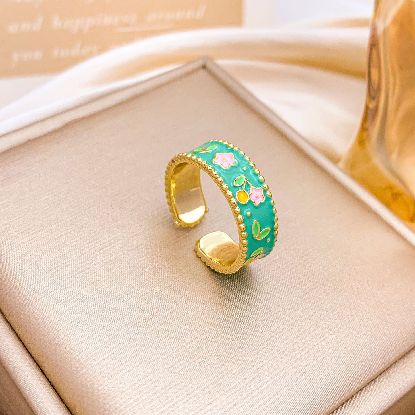 Vintage Elegant Floral Enamel Plated Alloy Ring for Women