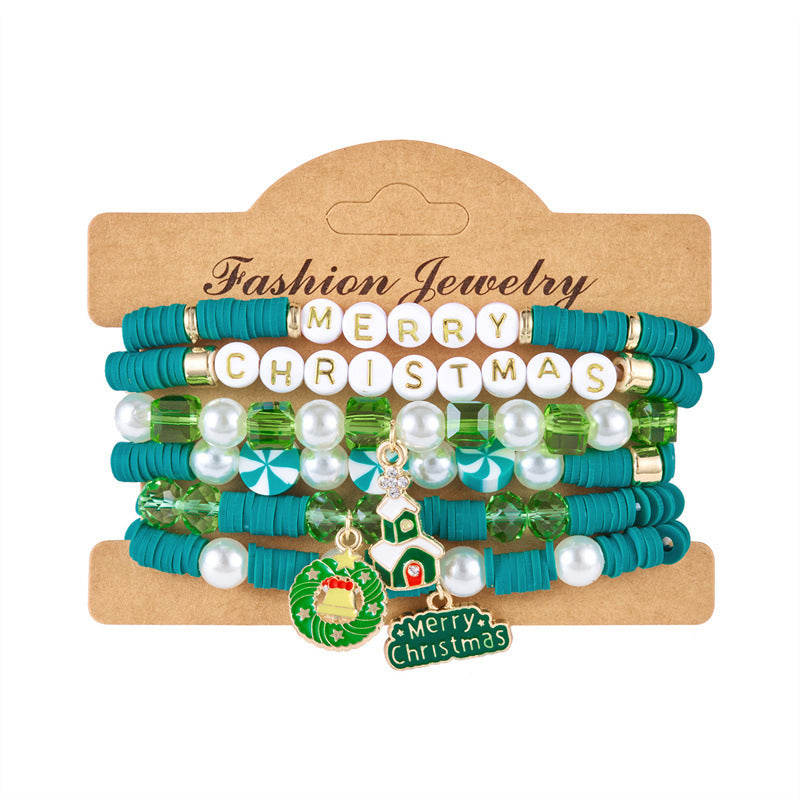 Pulsera minimalista con temática navideña con diseño de Papá Noel, bastón, muñeco de nieve, cuentas con letras y dije de aleación