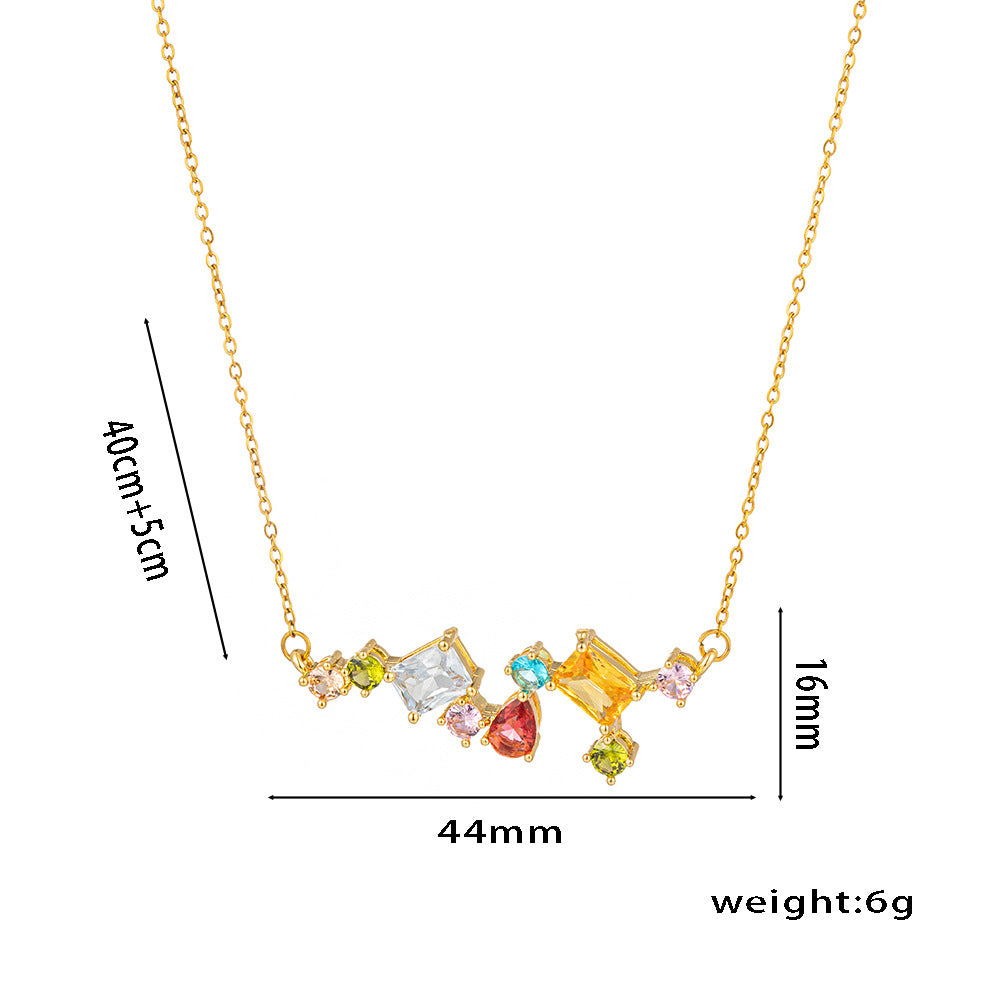 Minimalist Geometric Titanium Steel Necklace with Rhinestone Inlay for Women, Candy-Colored Shimmering Clavicle Chain
