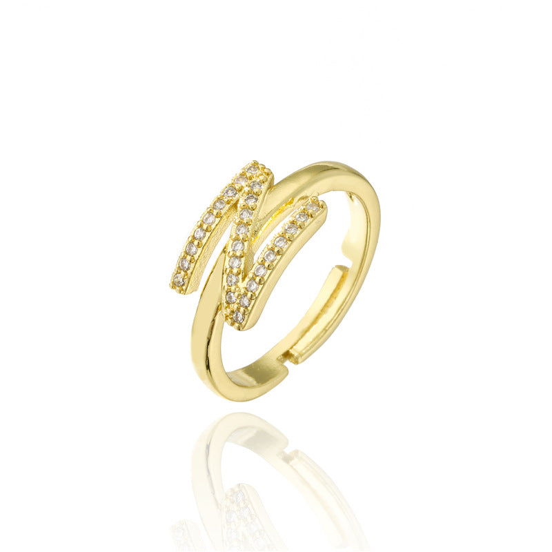 Fashion 18K Gold Plated Brass Micro-inlay Letter Ring Adjustable Open Band for Women