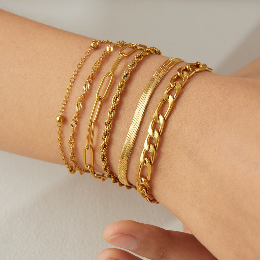 Punk Minimalist Gold Plated Stainless Steel Multi-Chain Bracelet Set for Women