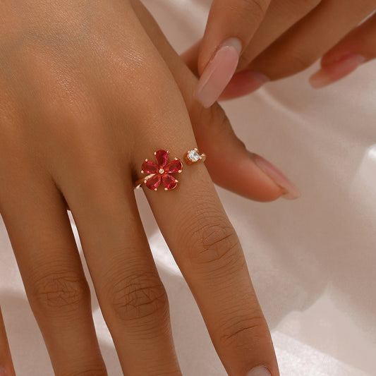 Dulce Anillo de Cobre Minimalista Floral con Incrustaciones de Circones y Banda Abierta Ajustable para Mujer