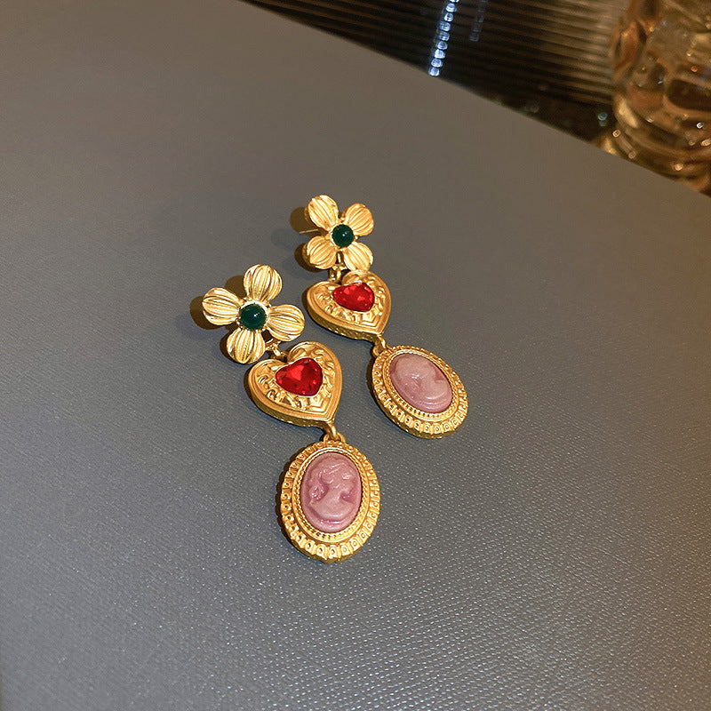 Pendientes colgantes de metal con acabado chapado, diseño floral geométrico de corazón, estilo vintage chic para mujer