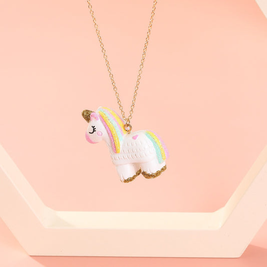 Collar con colgante de resina de unicornio de dibujos animados para niños con diseño 3D pintado a mano y cadena tipo O