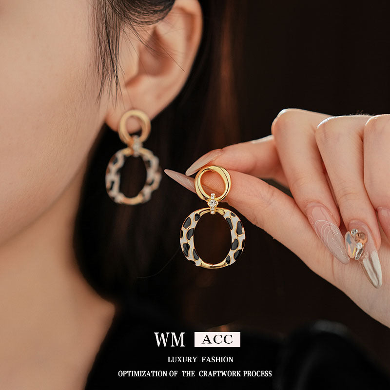 Vintage-Style Geometric Round Hoop Earrings for Women with Alloy Base Plated in Silver Tone Enamel Leopard Print and Rhinestone Inlay