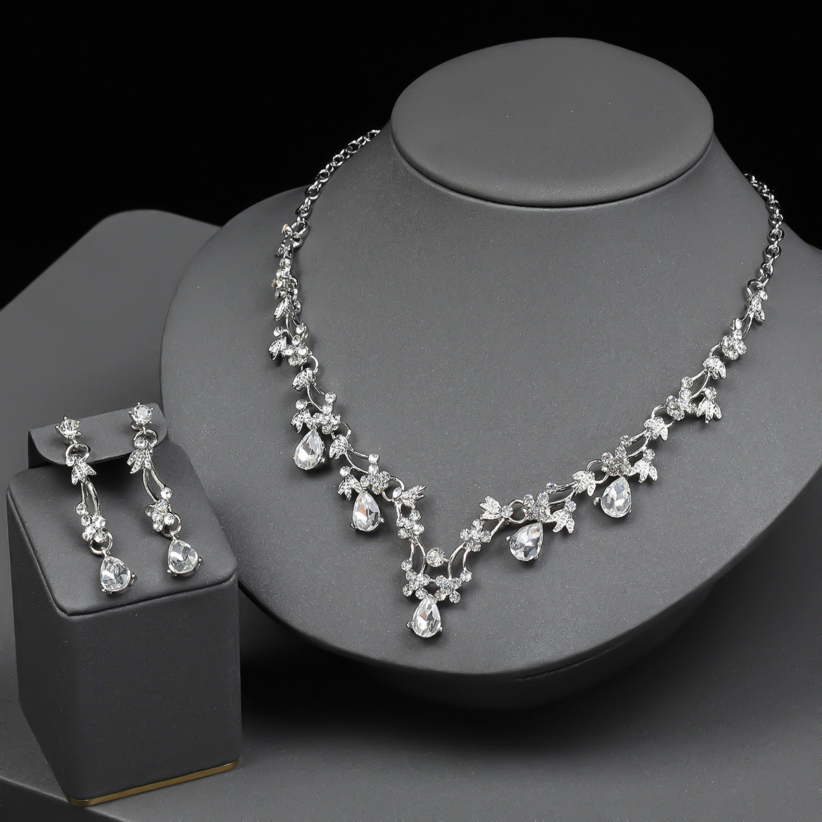 Charming Floral Wedding Necklace and Earrings Set for Women with Rhinestone Accents, Alloy Pendant and Chain, Plated Finish, O-Chain Style, Cherry Blossom Petal and Olive Branch Design