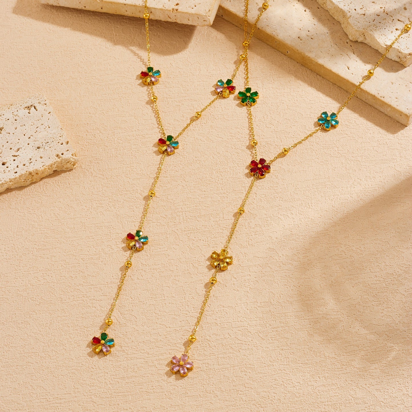 Colorful Rhinestone Floral Tassel Y-Shape Plated Stainless Steel Necklace for Women
