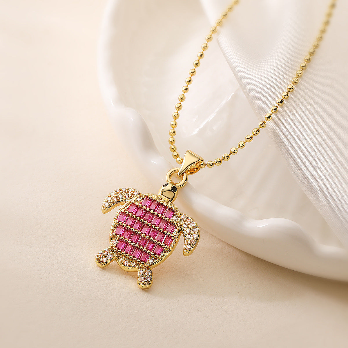 Minimalist Turtle Pendant Necklace for Women with Copper Base Plated in 18K Gold and Zircon Inlay