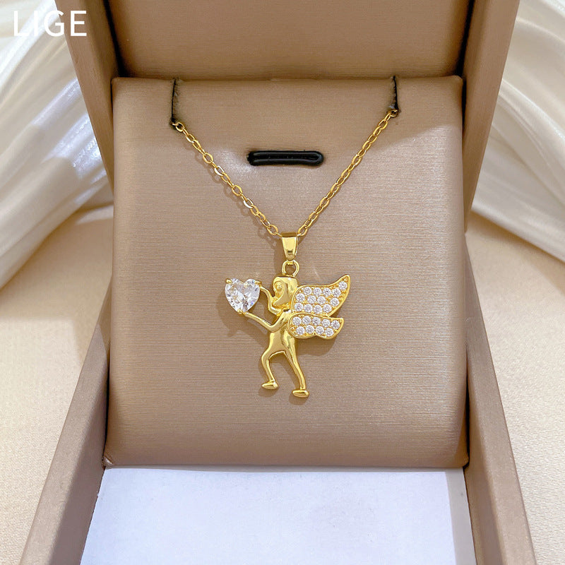 Sweet Minimalist Heart Geometric Cartoon Rhinestone Pendant Titanium Steel Necklace for Unisex