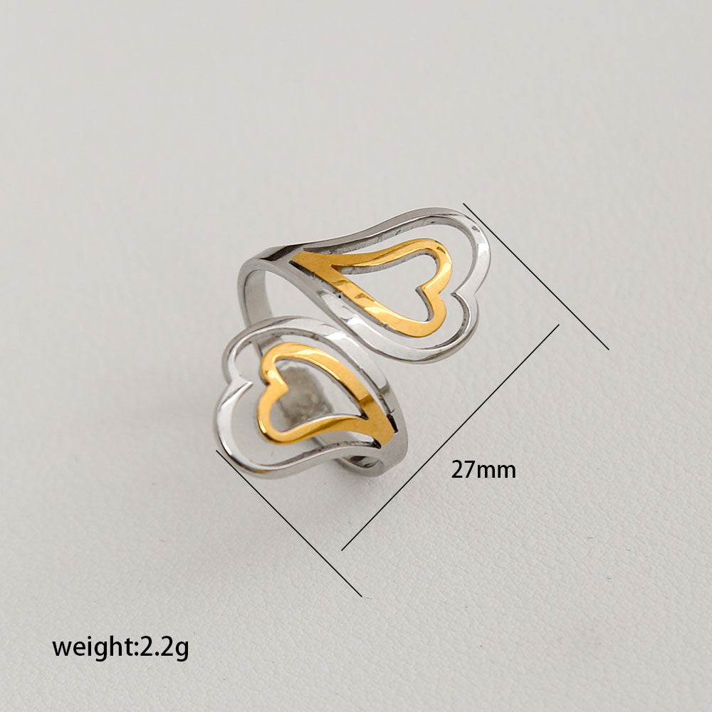 Anello aperto in acciaio inossidabile stile "Edgy Sweet" con motivo a croce e cuore, finitura placcata