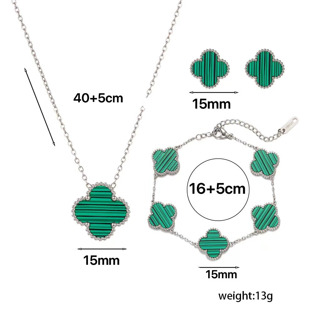 Minimalist Clover-Shaped Titanium Steel Necklace Set with Matching Bracelet and Earrings for Women