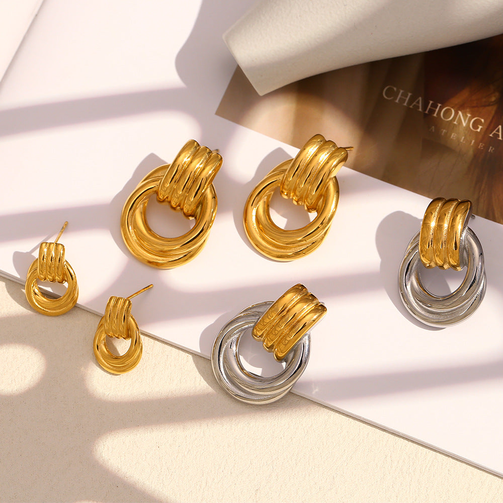 Minimalist Geometric Stainless Steel Earrings with 18K Gold Plating, Interlocking Dual-Tone Hoop Design for Women