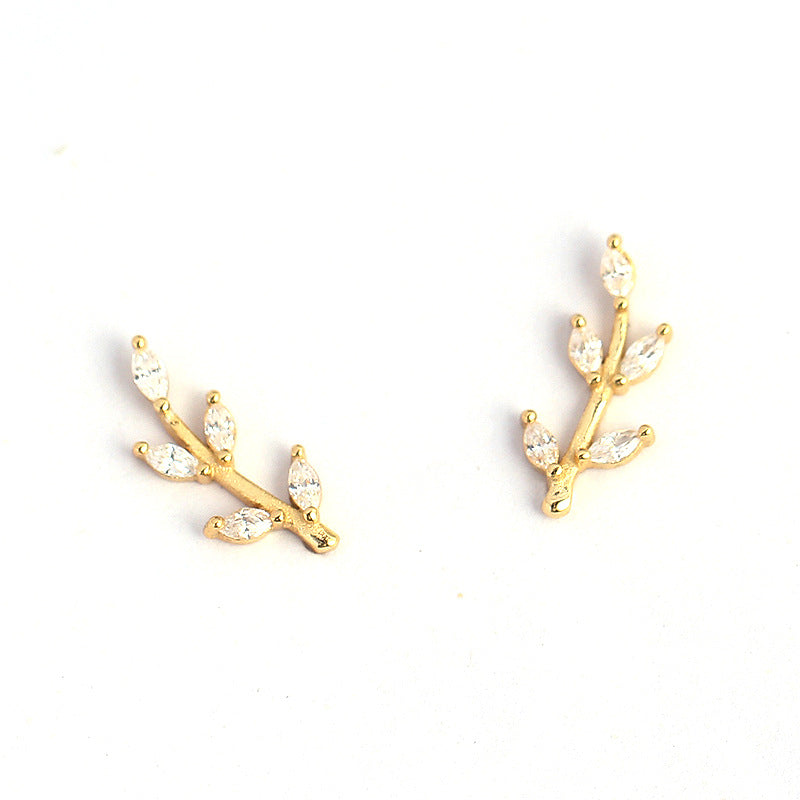 Orecchini in Argento Sterling S925 a Forma di Foglia, Dolci e Freschi, con Intarsio di Strass