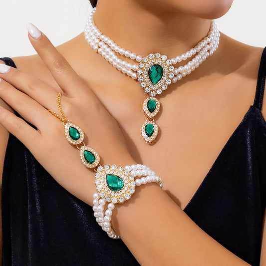 Vintage Luxury Teardrop Faux Pearl Rhinestone Plated Ball Chain Choker Necklace for Women