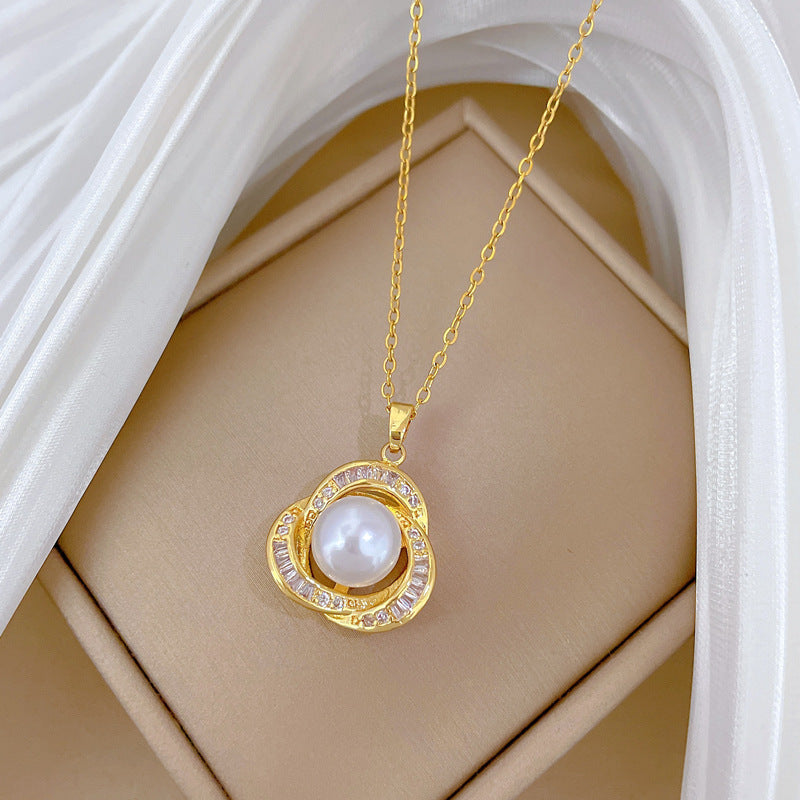 Collana pendente nido vuoto in stile fumetto per donna con perle e strass su catena in acciaio inossidabile