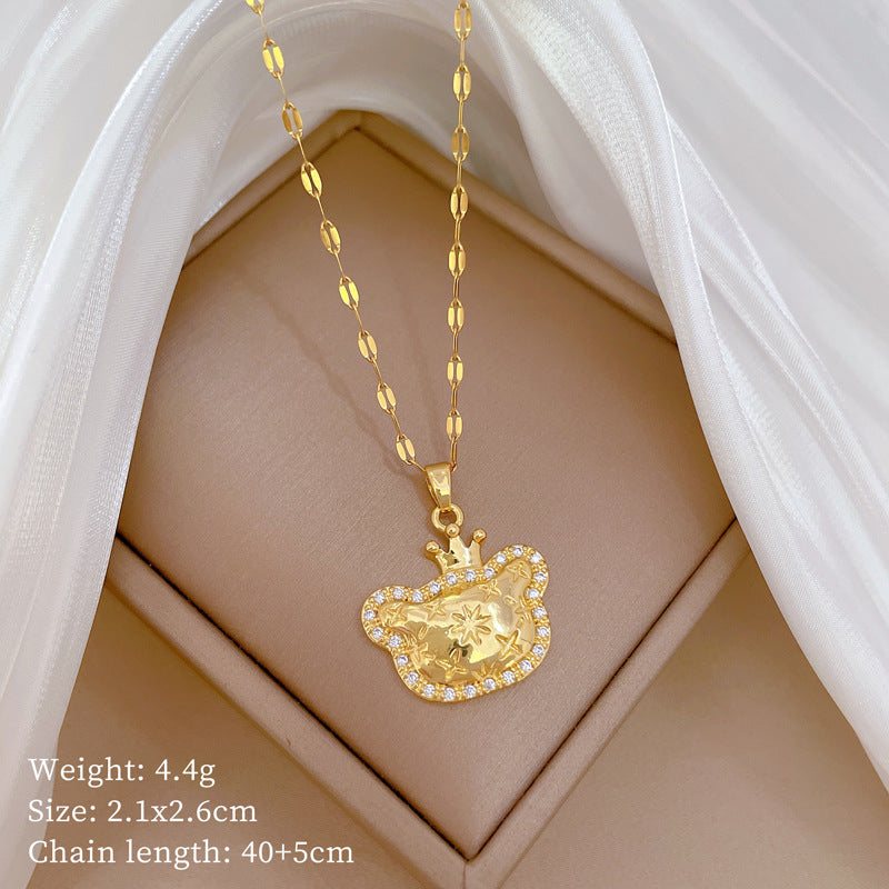Elegant Crown Cat Pendant Necklace for Women Stainless Steel Snake Chain with Moon Motif Geometric Design