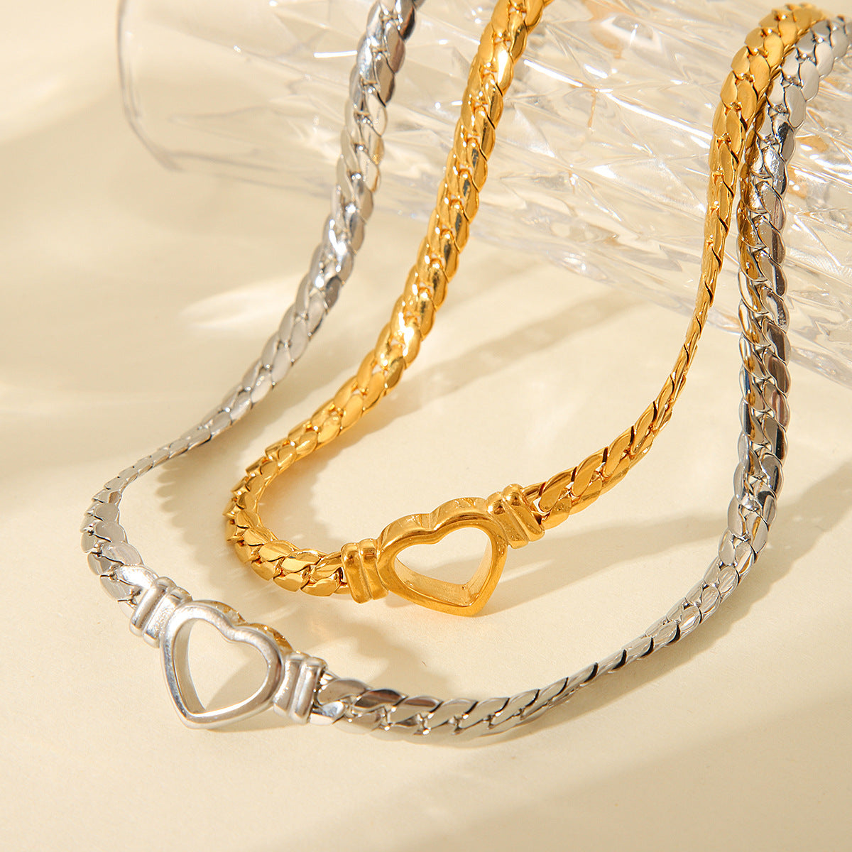 Minimalist Hollow Heart Pendant Necklace in Stainless Steel with 18K Gold Plating Cuban Chain for Women