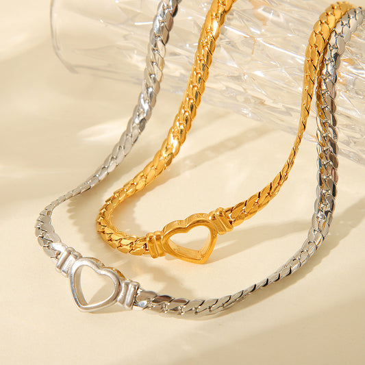 Collana Pendente Cuore Vuoto Minimalista in Acciaio Inossidabile con Placcatura Oro 18K e Catena Cubana per Donna