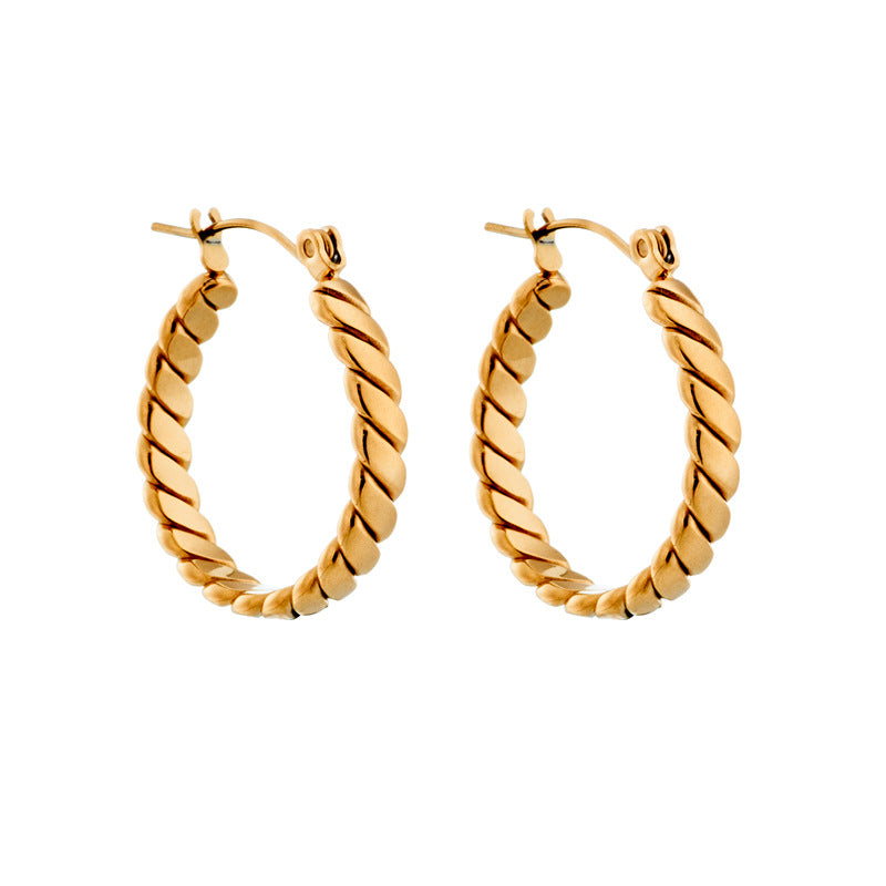 Minimalist Geometric Titanium Steel Gold-Plated Hoop Earrings for Women with Thick Twisted Rope Design