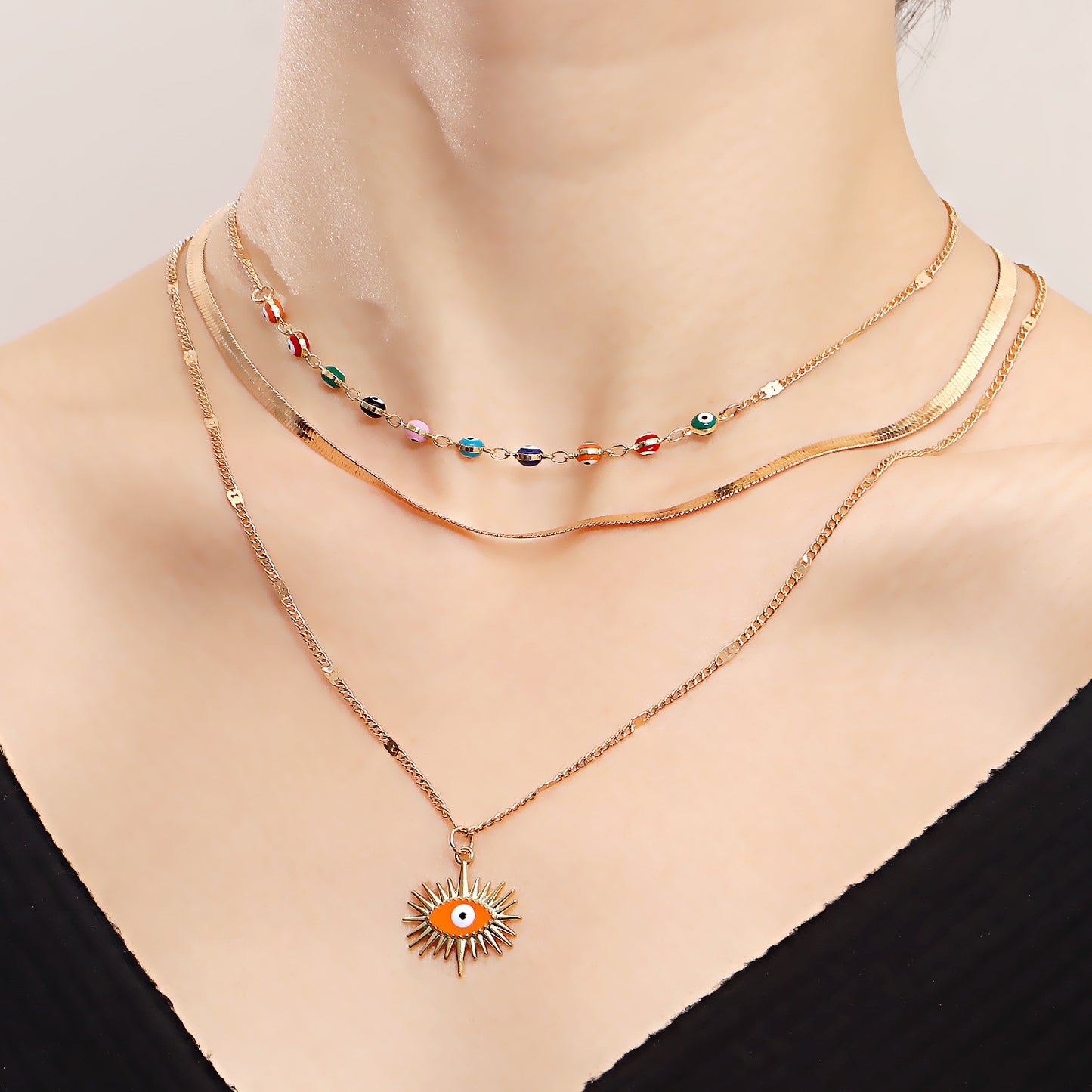 Geometric Demon Eye Pendant Necklace for Women Alloy Plated Multi-Layer Clavicle Chain