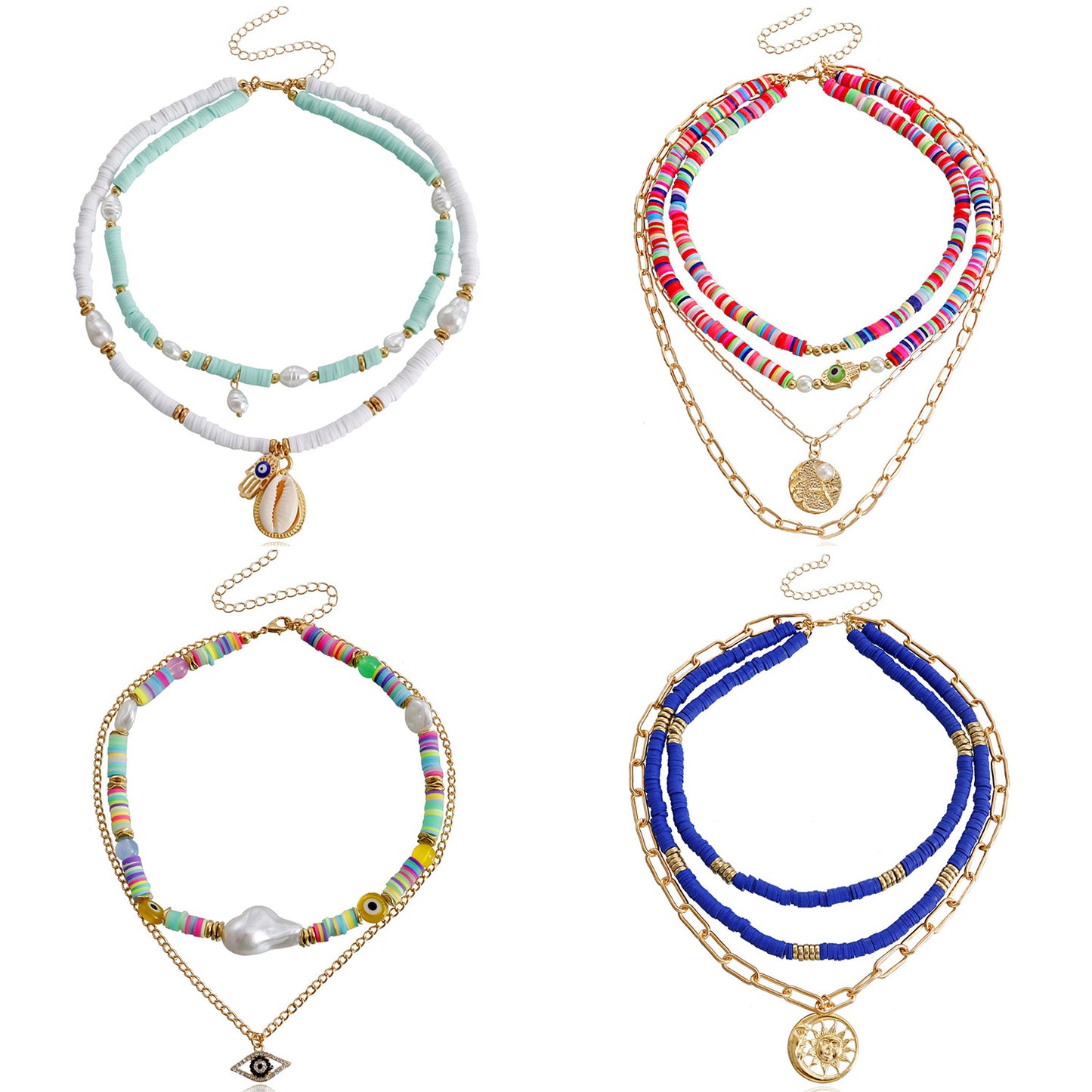 Bohemian Multilayer Polymer Clay Evil Eye Necklace for Women with Geometric Pendant, Alloy Chain, Electroplated Finish
