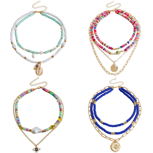 Collana Bohemien multistrato da donna con ciondolo geometrico in argilla polimerica a forma di occhio di Hamsa, catena in lega, finitura galvanizzata