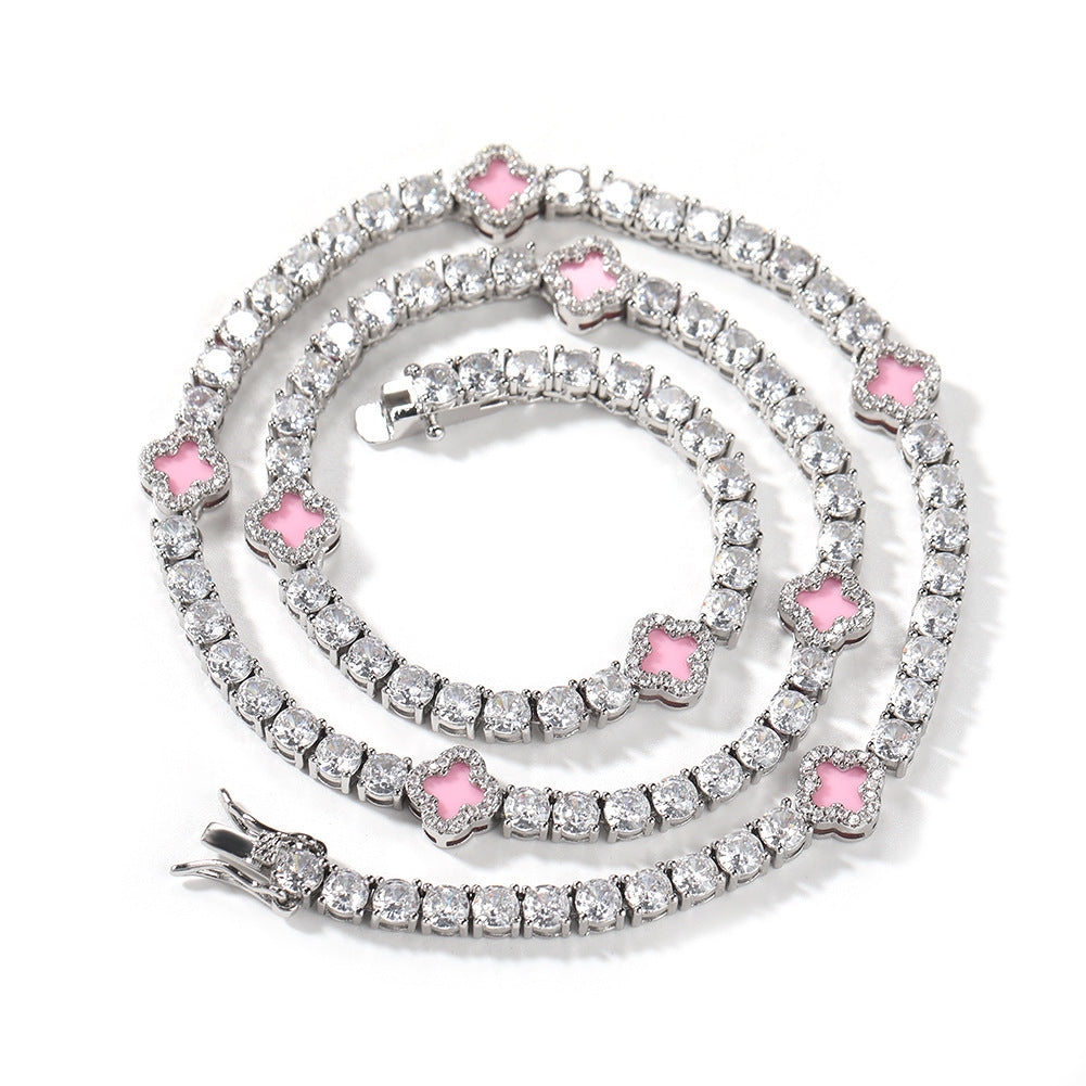 Four-Leaf Clover Rhinestone Inlay Brass Tennis Chain Necklace for Women