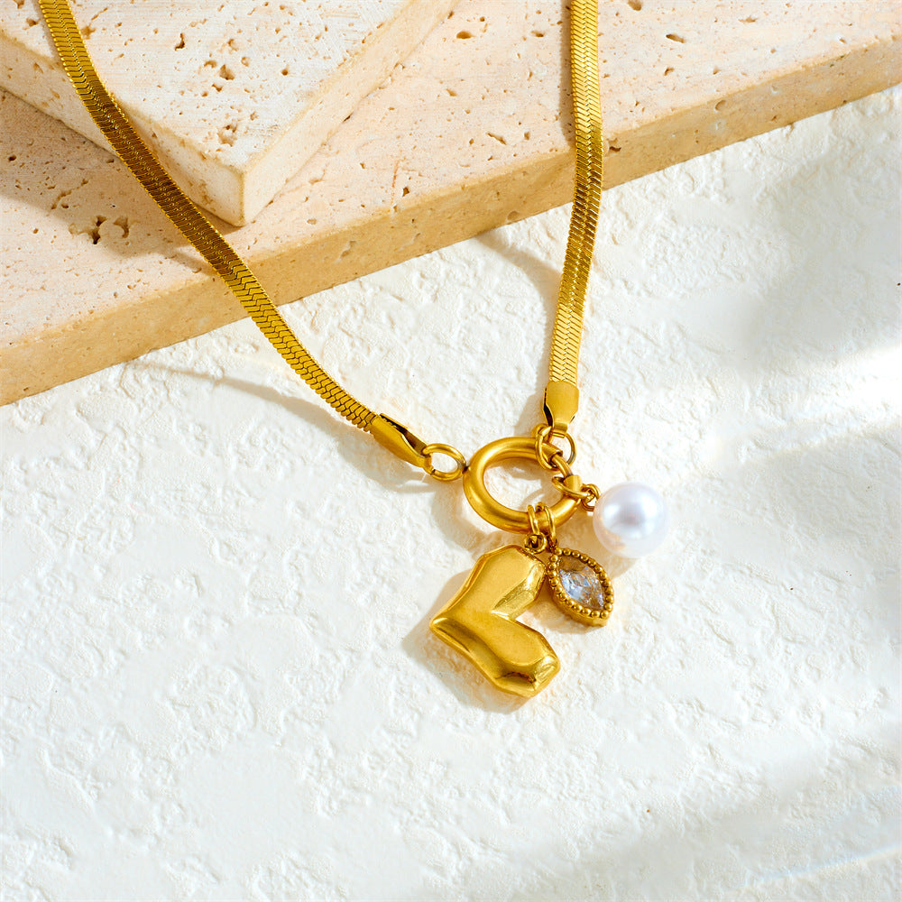 Vintage Elegant Gold Plated Stainless Steel Heart Bow Pearl Pendant Necklace