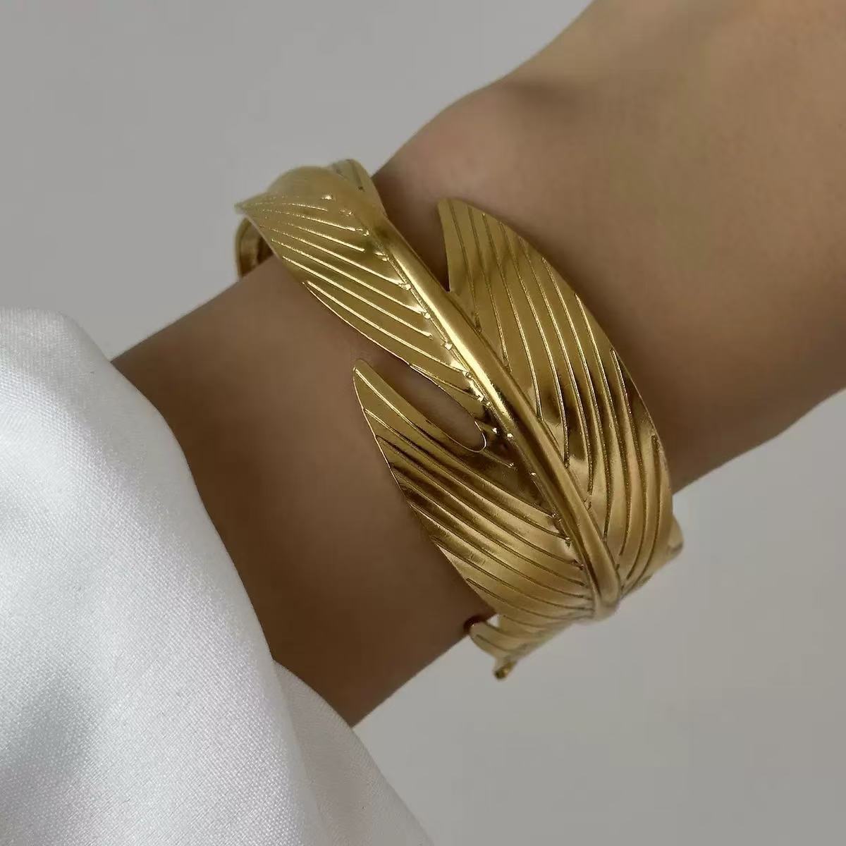 Fashion Geometric Textured Wave Pattern Plated Stainless Steel Wide Open Cuff Bracelet for Women
