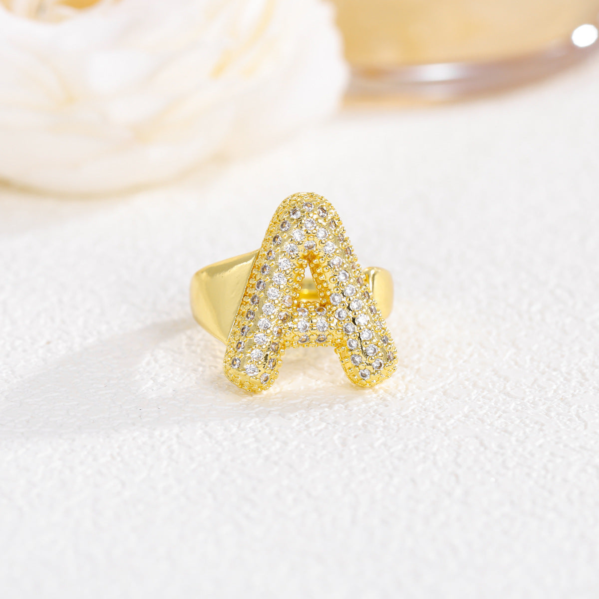 Sweet Plated Brass Letter Ring with Cubic Zirconia Adjustable Open Ring for Women and Men
