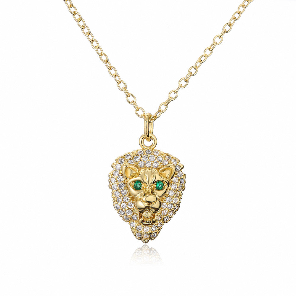 Geometric Lion Leopard Head Pendant Necklace in Copper with Real Gold Plating and Zircon Inlay for Unisex Hip Hop Style