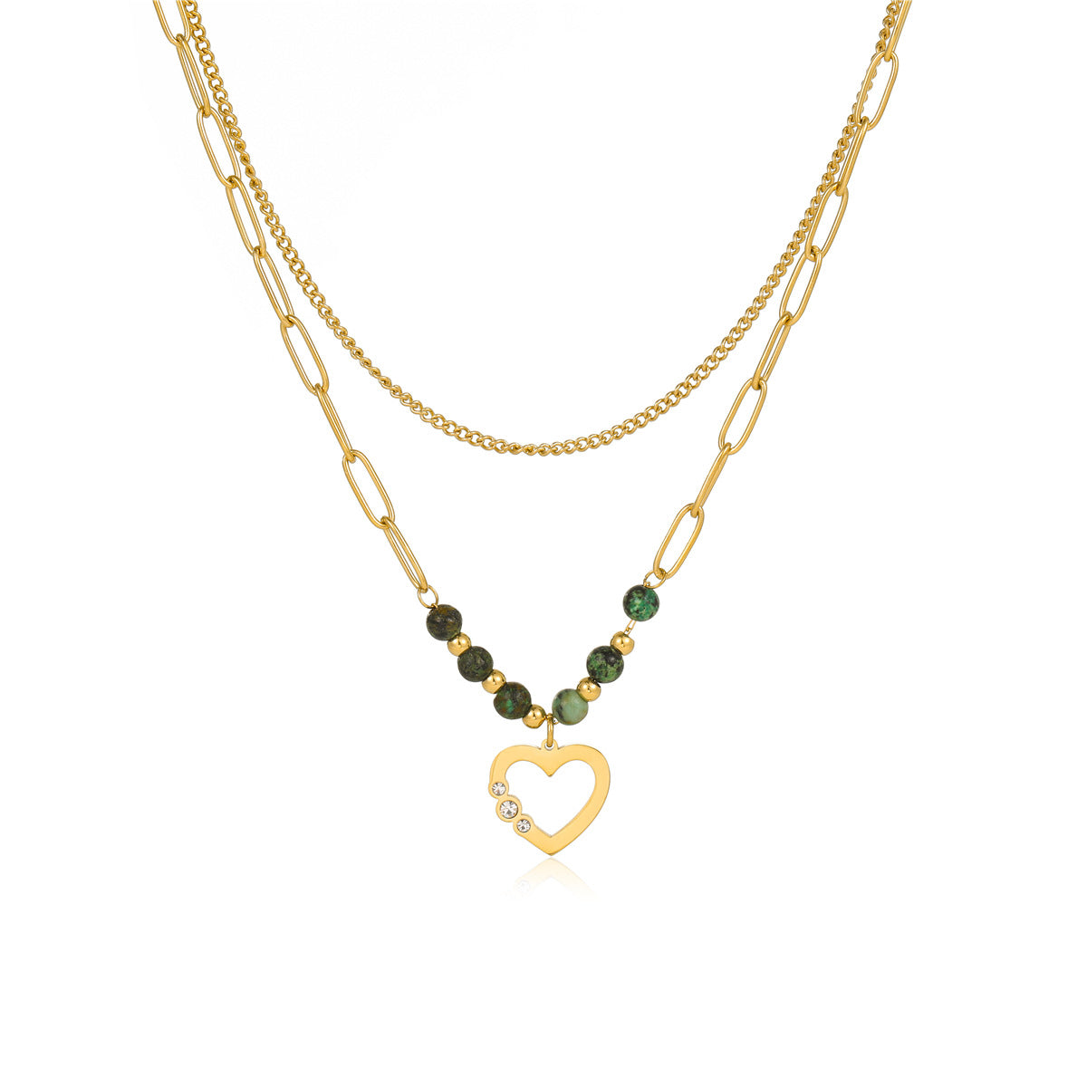 Collar Minimalista de Doble Cadena con Colgante de Corazón de Circonita en Acero Inoxidable con Acabado Chapado para Mujer