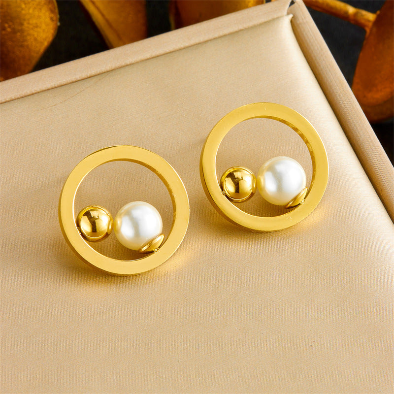 Elegant Round Plated Stainless Steel Pearl Bean Necklace Earring Ring Set with Snake Chain