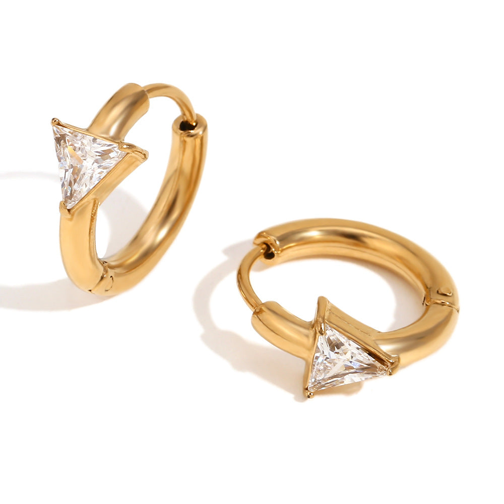 Minimalist Geometric Stainless Steel Earrings with 18K Gold Plating, Teardrop Triangle and Square Crystal Studs for Women