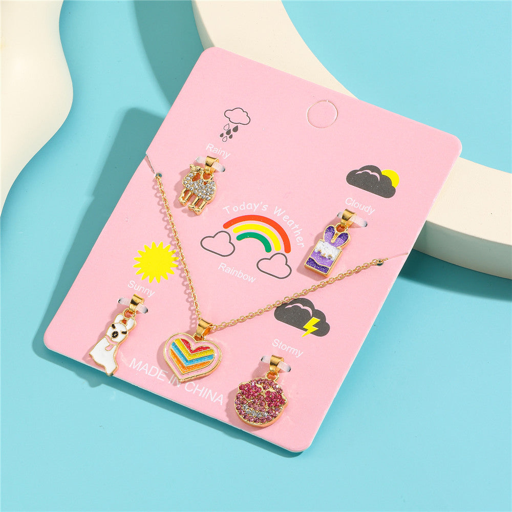 Cartoon Unicorn Pendant Necklace Set for Girls with Ice Cream Cake and Rainbow Design, Enamel Alloy Choker Chain for Kids Ages 3-10