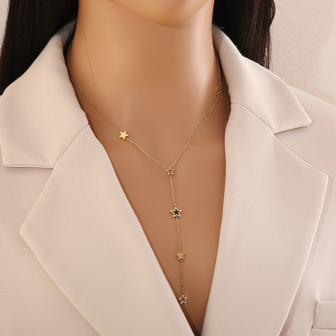 Minimalist Heart and Star Pendant Necklace in Stainless Steel with Plated Finish Y-Shape Design for Women
