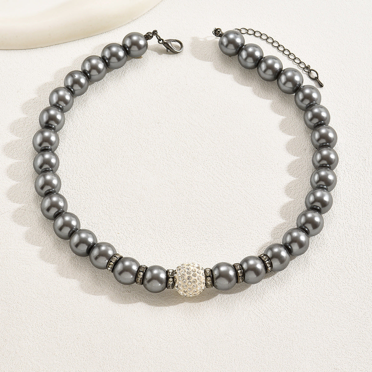 Geometric Pearl Necklace with Zircon Inlay for Women in Deep Gray Tone, Adjustable Clavicle Chain with Mother-of-Pearl Pendant