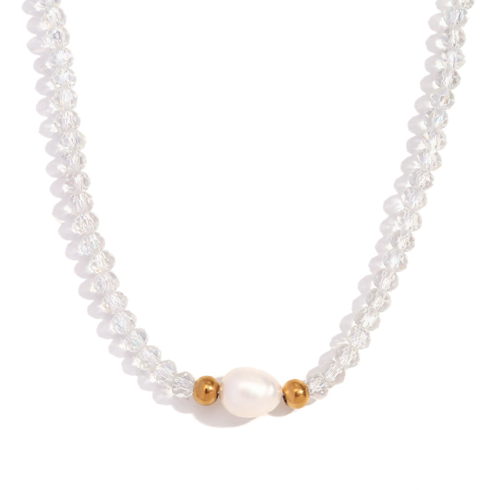 Fashionable Vintage Geometric Stainless Steel Pendant Necklace with Freshwater Pearl and Light Crystal Beads for Women
