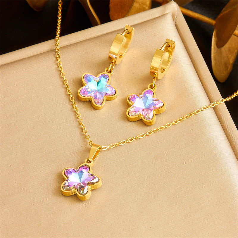 Set di collana con pendente a fiore e orecchini in acciaio inossidabile placcato oro, stile business casual alla moda