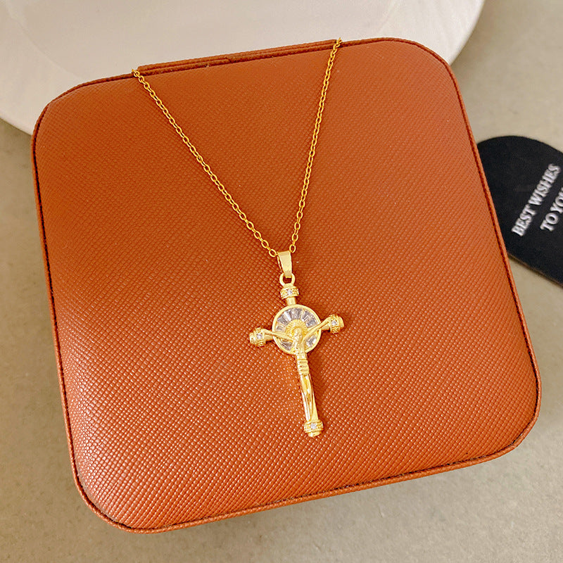 Sporty Sweet 18K Gold Plated Cross Titanium Steel Necklace with Cubic Zirconia for Women