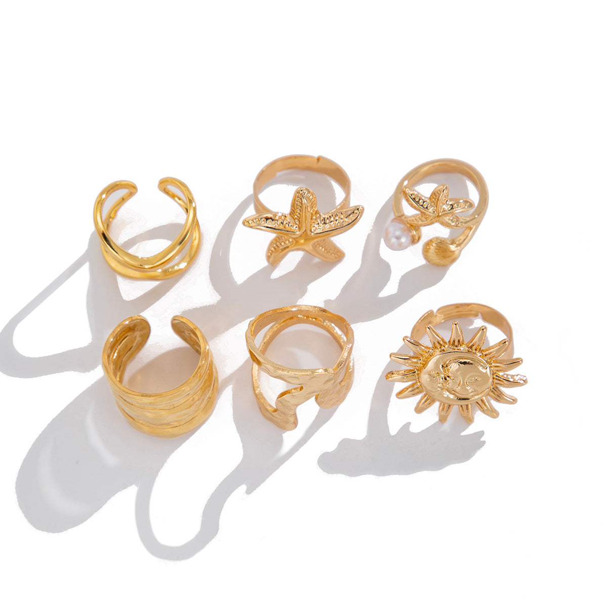 Anello aperto in lega vintage da donna con girasole geometrico e stella, con finitura placcata