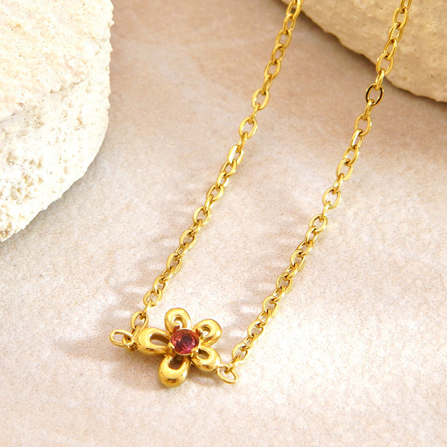 Set collana e orecchini in acciaio inossidabile placcato oro con zirconi cubici, motivo floreale vintage ed elegante