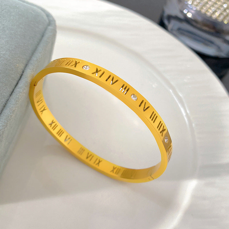 Luxury Roman Numeral Geometric Rhinestone Inlay Titanium Steel Plated Bracelet