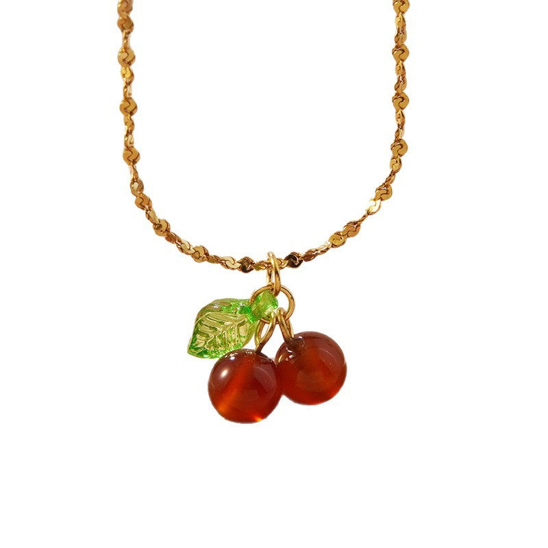 Minimalist Elegant Cherry Fruit Pattern Stainless Steel Plated Necklace and Earring Set for Women